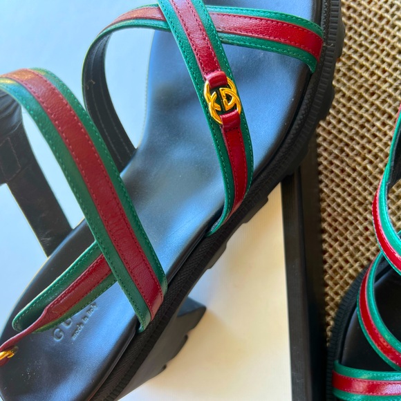 SOLD - Gucci Green/Red Leather Block Lug Heel Sandals Size 40 Quentin - Picture 2 of 10